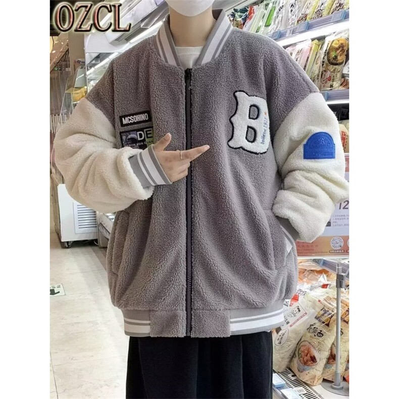 羊羔绒棉衣秋冬男生衣服保暖宽松棒球服个性绣花撞色棉服新款男装,男装棉衣,星座1013-1