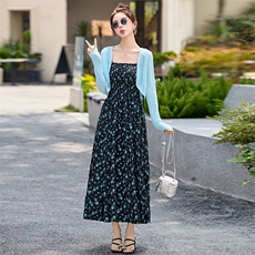 圣雅姿2025春夏韩版时尚气质碎花吊带连衣裙针织开衫两件套显瘦女，女装套装/套裙，魅丽静蓝