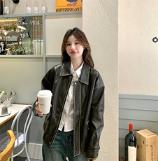 港风气质短款机车皮衣外套女2025春秋季新款韩版宽松显瘦洋气上衣，女装皮衣，纯色衣恋