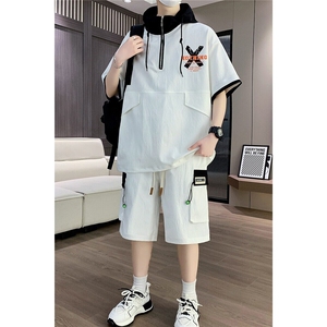 男士休闲套装夏季薄款连帽宽松短袖t恤一套日系短裤五分裤衣服潮图片
