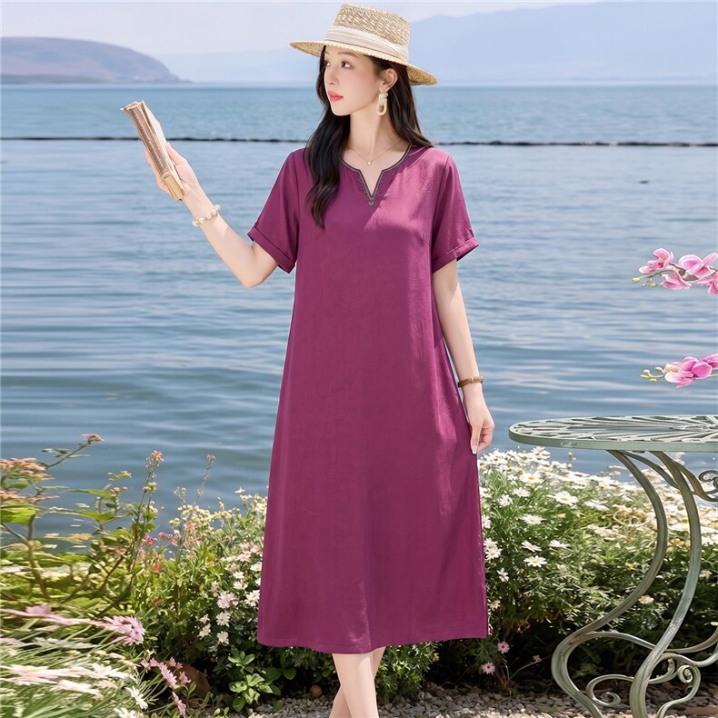 现货秒发刺绣洋气高端裙气质连衣裙夏季新款宽松口袋中长裙女,女装连衣裙,韩蔻秀