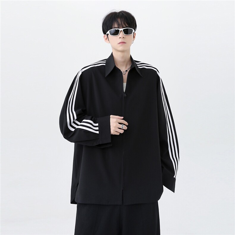 现货美式条纹衬衫男拼接三条杠长袖衬衫可二开CS22-P48,男装衬衫,电商C307