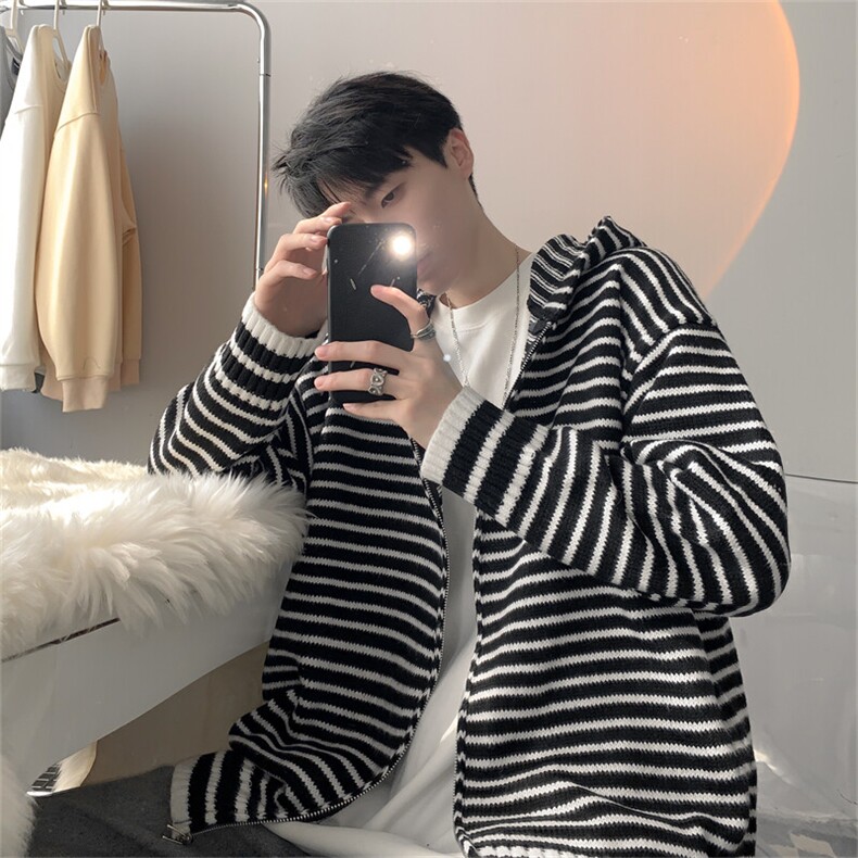 DU02-P55条纹2025年复古小众设计感连帽拉链毛衣外套男潮牌上衣,男装针织衫/毛衣,星座603-2