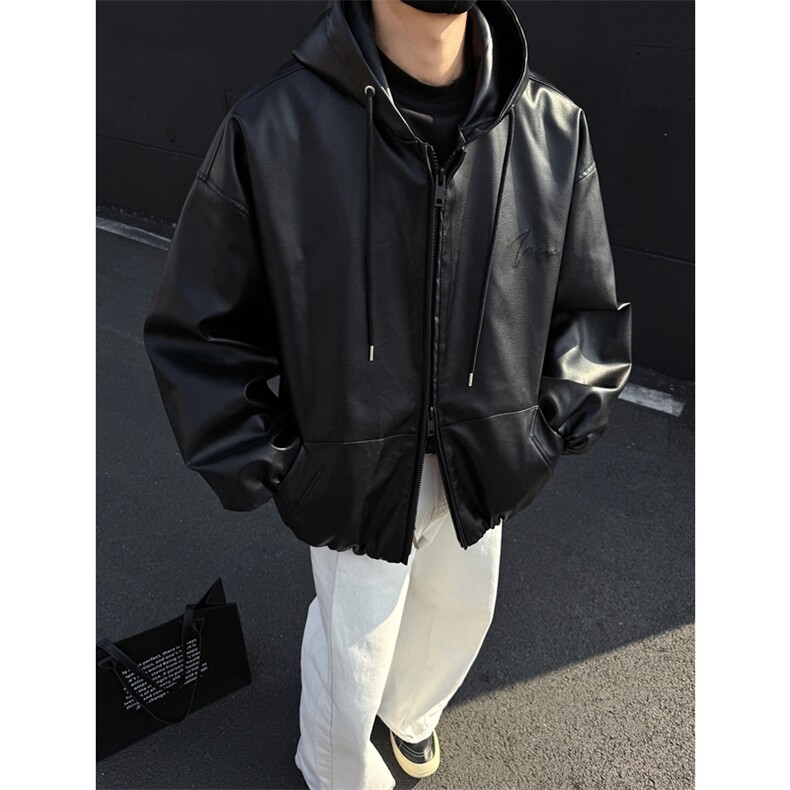 档口图胸口刺绣logo春季常规皮夹克连帽短拉链双开皮衣J2507-P90,男装夹克,星座1213
