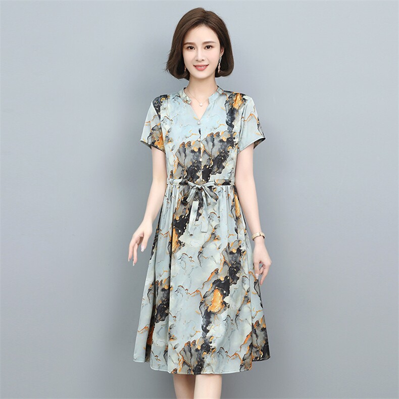 2022夏季新款复古印花雪纺连衣裙优雅显瘦V领短袖长裙,女装连衣裙,依恋蒂丝