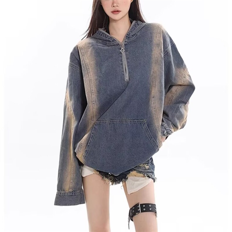 2057-P68微瑕美式春秋季复古慵懒风半拉链牛仔时尚套头上衣,男装T恤,电商B323A