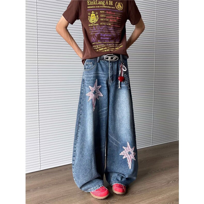 美式复古弯刀贴布牛仔裤男女2025夏新款宽松阔腿拖地裤N07853-P55,男装牛仔裤,星座308B-1