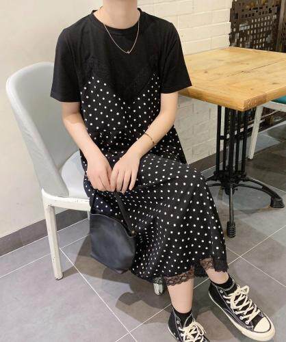 蕾丝拼接点点连衣裙上身好好看，女装连衣裙，赫她娜