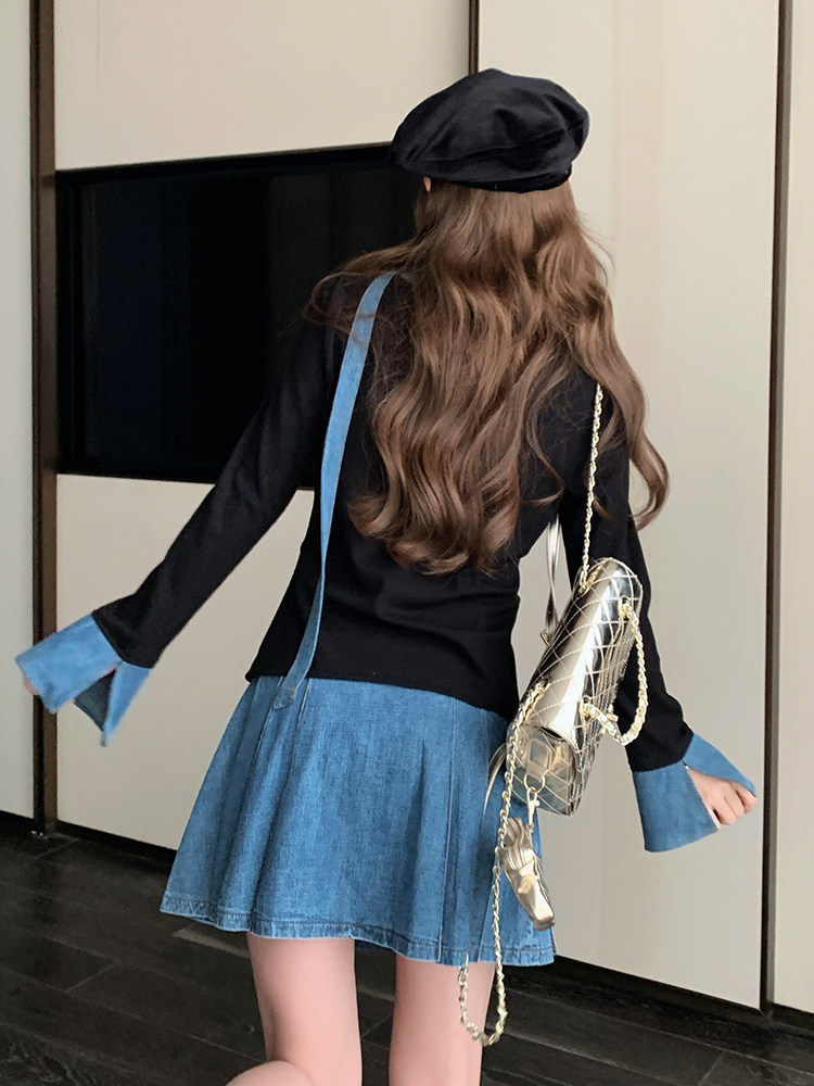 甜美牛仔拼接百褶短裙套装女春秋小个子两件套超火爆款高级感减龄,女装套装/套裙,浙宝276（原081）