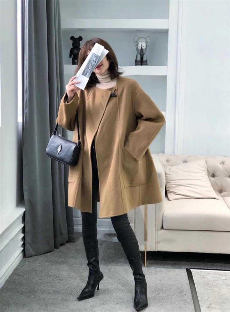 2021秋冬新款韩范小方领一粒羊角扣休闲宽松百分百羊毛双面呢,女装其它,L·H·X