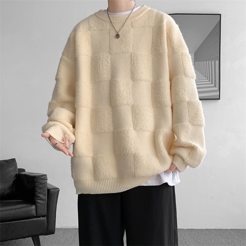 8XL-M特大码美式街头设计感毛巾绣格子毛衣男女情侣MY1204P50控68,男装针织衫/毛衣,电商D206-1