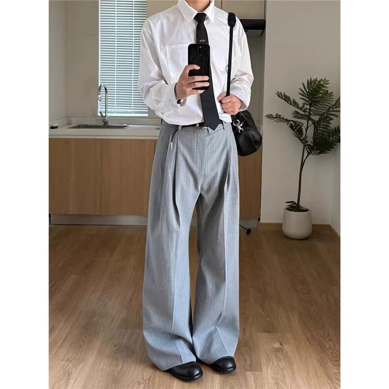 条纹西装裤男春季潮流宽松休闲直筒长裤百搭阔腿拖地裤子,男装西服套装,星座506A