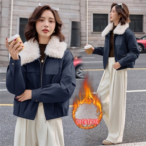 【大量现货】短款外套女2025秋冬新款小个子巨好看的加绒加厚羊羔毛翻领派克服图片