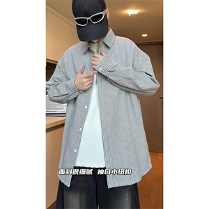 日系复古条纹长袖衬衫男高级感穿搭大码休闲衬衣外套C2251-特价28图片