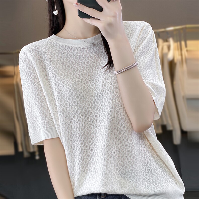 新款简约亲肤针织圆领圆圈针织短袖基础百搭，女装针织衫/毛衣，欣美羊绒