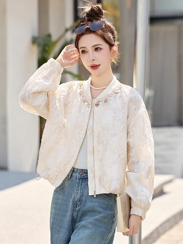 棒球服女2025开春新款小个子休闲百搭洋气小香风白色短款蕾丝外套,女装短外套,依如秀(原杭风阁)