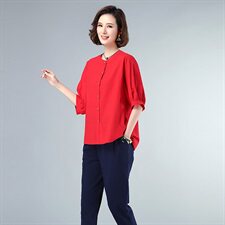 衬衫时尚百搭圆领短袖纯色宽松2021年夏季，女装衬衫，独衣靓