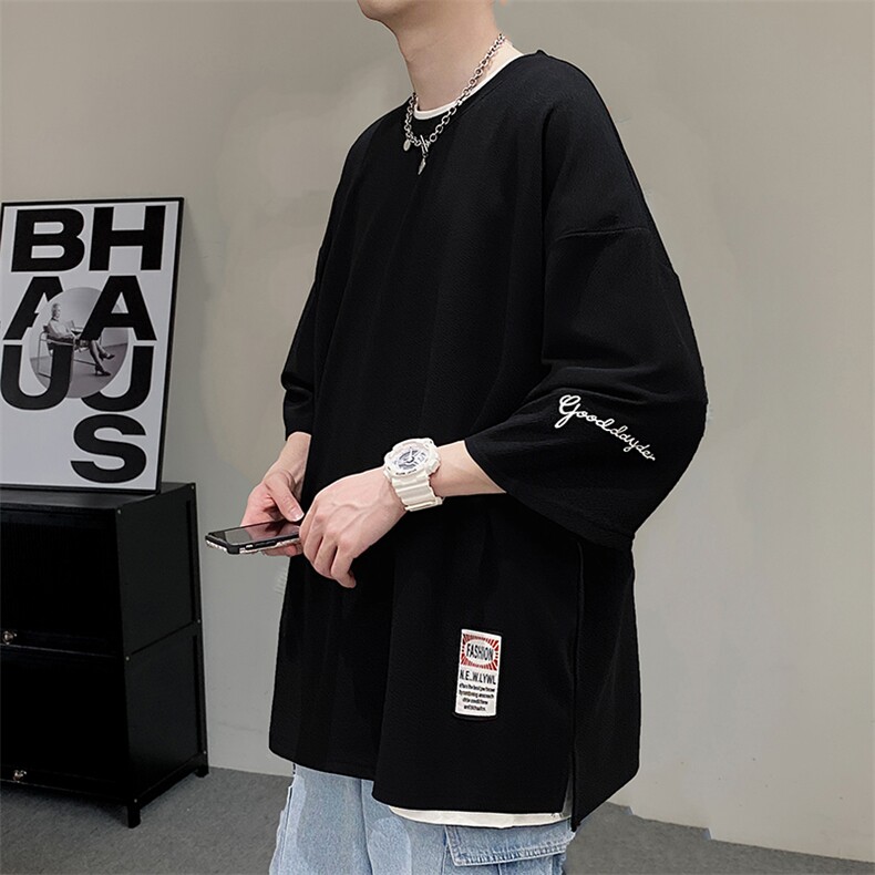 翻拍冰丝T恤2025夏装日系刺绣七分袖短袖T恤男加肥加大码上衣,男装T恤,星座909-2（原星座717-2）