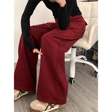 安可拉红牛仔裤阔腿裤女2024秋季新款高腰百搭显瘦休闲拖地长裤子，男装牛仔裤，星座506A