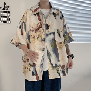 夏欧美复古油画印花短袖衬衫男潮牌街头宽松慵懒风休闲 W720-P30图片