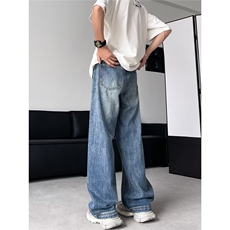 高街美式复古水洗牛仔潮牌宽松直筒显瘦休闲阔腿拖地长裤NZH301，男装休闲裤，星座516A