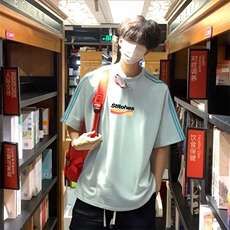 抖音得物品质二开240克宽松纯棉美式潮牌印花三条杠中性风短袖T恤，男装T恤，电商A486-1