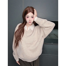 重磅北极绒假两件衬衫领毛衣美式高街复古休闲慵懒纯色翻领针织衫，男装针织衫/毛衣，电商A486