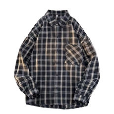 衬衫男春季新款港风宽松大码磨毛格子长袖衬衣CS550-P38，男装衬衫，星座214-3