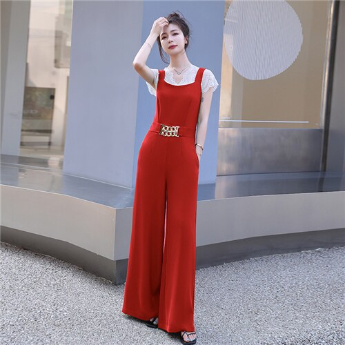 2024年夏季韩版通勤时尚潮流蕾丝上衣+连体裤两件套，女装套装/套裙，时尚俏佳人