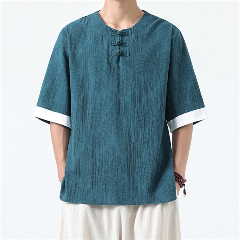 男士衬衫五分袖衬衣中袖印花圆领唐装风 XZ1512-2612-P40图片