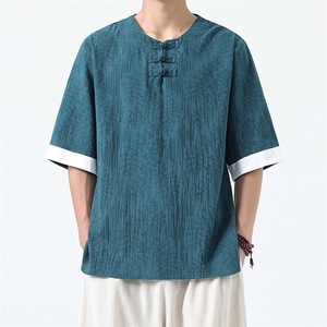 男士衬衫五分袖衬衣中袖印花圆领唐装风 XZ1512-2612-P40图片