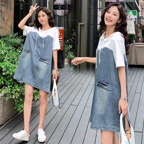 牛仔裙女2021夏装新款韩版夏装带帽卫衣连衣裙宽松显瘦小个子图片