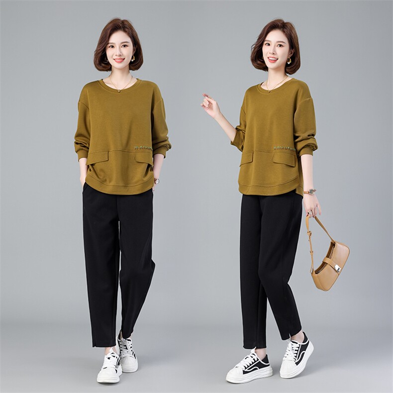 现货2023秋季新款小众设计毛刷绣圆领休闲遮肚显瘦套装两件套，女装套装/套裙，深水步