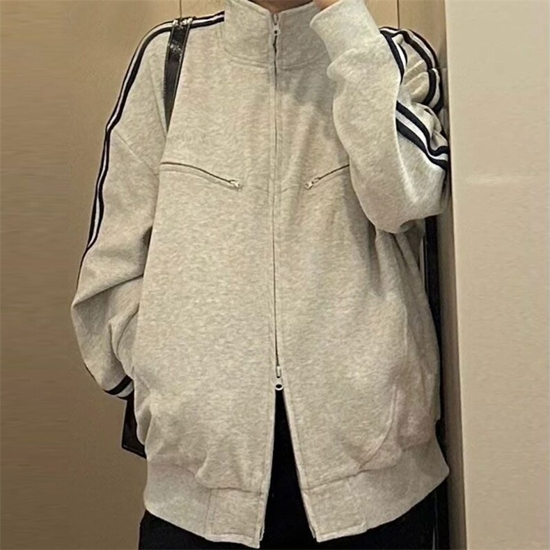 美式小众双拉链开衫立领卫衣女2025春秋新款宽松百搭双杠分割外套,男装夹克,星座506A
