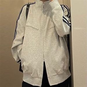 美式小众双拉链开衫立领卫衣女2025春秋新款宽松百搭双杠分割外套图片