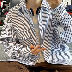【有货】DBC02-P35日系条纹衬衫男春季情侣装宽松休闲长袖衬衣服图片