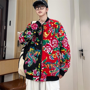 J01男女棒球领夹克外套东北大花汉服开衫左右拼接撞色潮男女图片