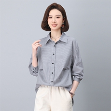 啄木鸟条纹衬衫女中长款2025春秋新款上衣遮屁股洋气长袖纯棉衬衣，女装衬衫，小林双子