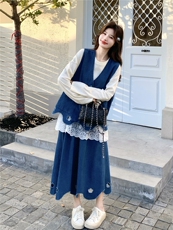 现货新款针织+牛仔马甲+半身裙三件套2C056-7203-P195控318，女装套装/套裙，2C056