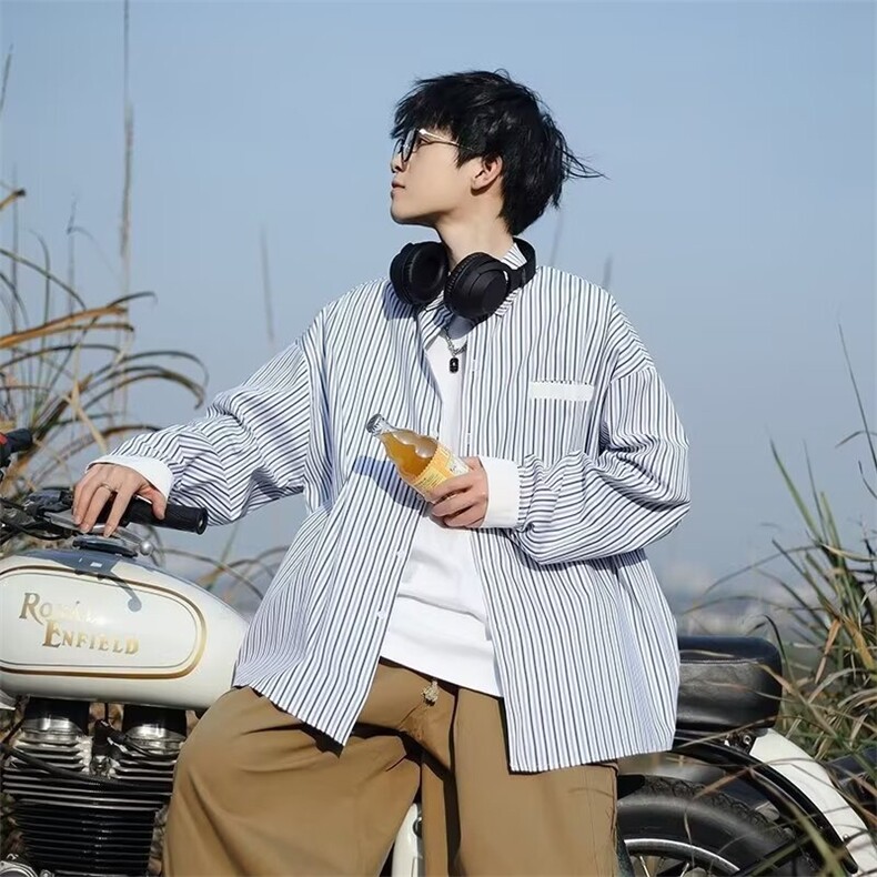 GS6138P40日系韩版条纹宽松长袖衬衫情侣春秋休闲百搭衬衣外套，男装衬衫，星座1108-5