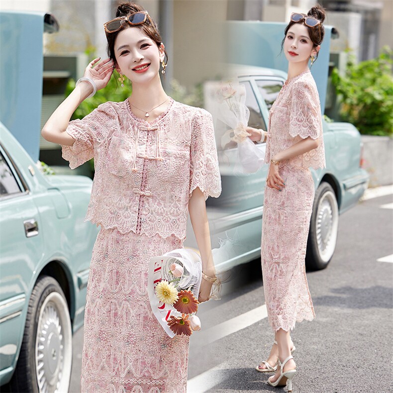 蕾丝半身裙小香风套装女夏短袖上衣两件套，女装套装/套裙，曼慕纤衣