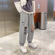 20港风秋冬破洞九分裤中性风卫裤束脚裤长裤子504-K2059-P50，男装休闲裤，星座504