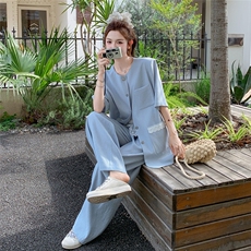 法式短袖西装外套阔腿裤套装女2025夏季新款高级感蕾丝拼接两件套，女装套装/套裙，2C305