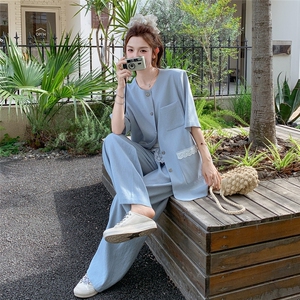 法式短袖西装外套阔腿裤套装女2025夏季新款高级感蕾丝拼接两件套图片