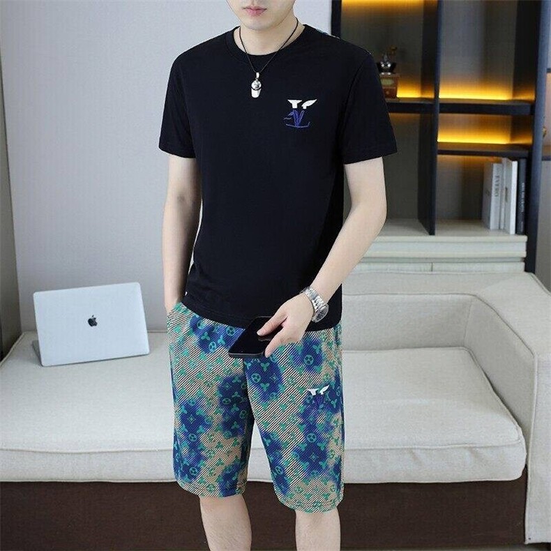 25366-P65夏季休闲T恤短裤男两件套欧货潮牌修身圆领短袖T恤套装,男装休闲套装,电商D310B-1