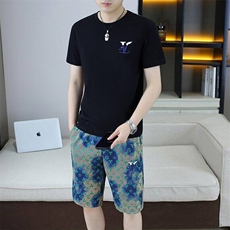 25366-P65夏季休闲T恤短裤男两件套欧货潮牌修身圆领短袖T恤套装，男装休闲套装，电商D310B-1