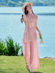 时尚洋气刺绣棉麻套装女2026夏季新款宽松遮肉衬衫领阔腿裤两件套图片