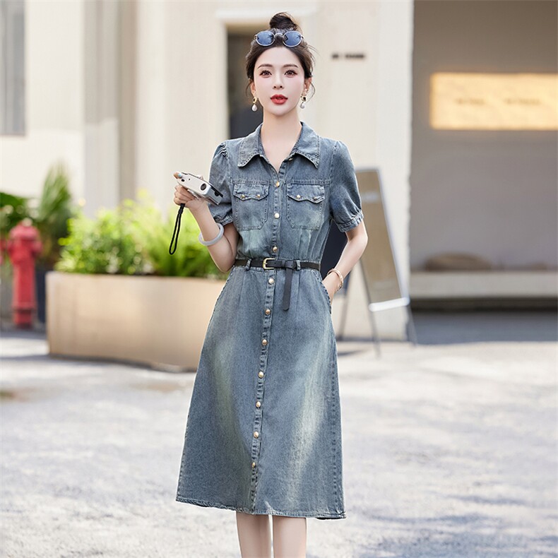时尚潮流牛仔连衣裙女夏季新款显瘦修身气质长裙百搭休闲风,女装连衣裙,布芭啦