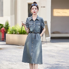 时尚潮流牛仔连衣裙女夏季新款显瘦修身气质长裙百搭休闲风，女装连衣裙，布芭啦
