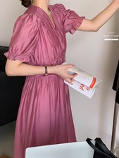 法式方领泡泡袖连衣裙夏季设计感小众温柔高级感初恋茶歇裙子，女装连衣裙，香丽迪1